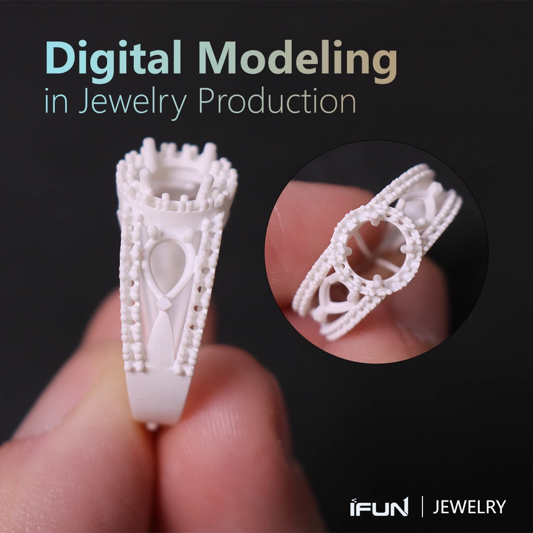 Handheld side shank and inset top view of 3D printed halo solitaire pave ring mounting in 800D white wax resin