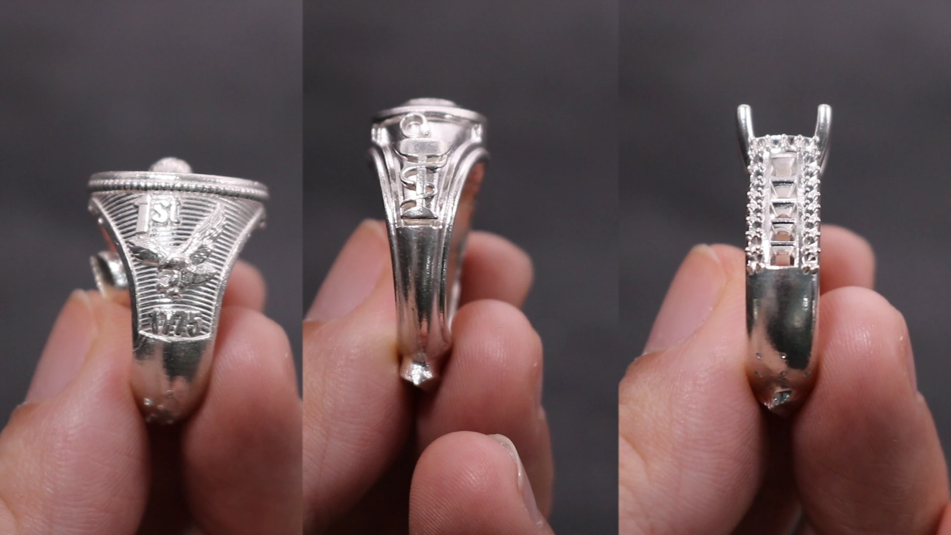 Three-panel close-up of raw silver cast signet ring, symbol ring, and solitaire pave ring mounting held in hand